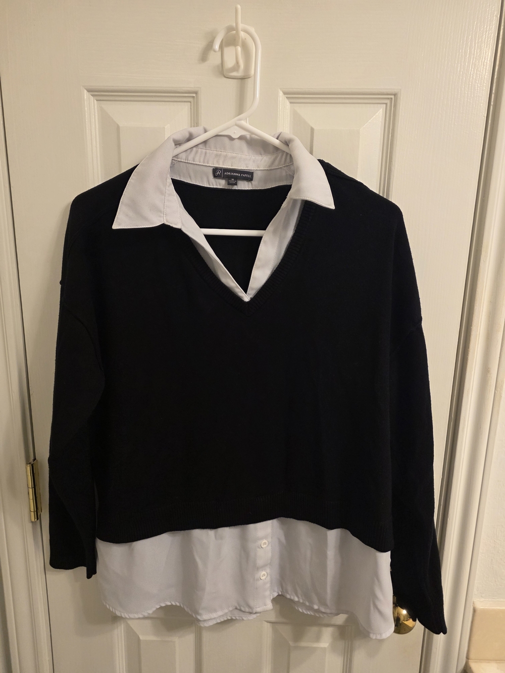 Women's Black Layered V-Neck Sweater with White Shirt Detail
